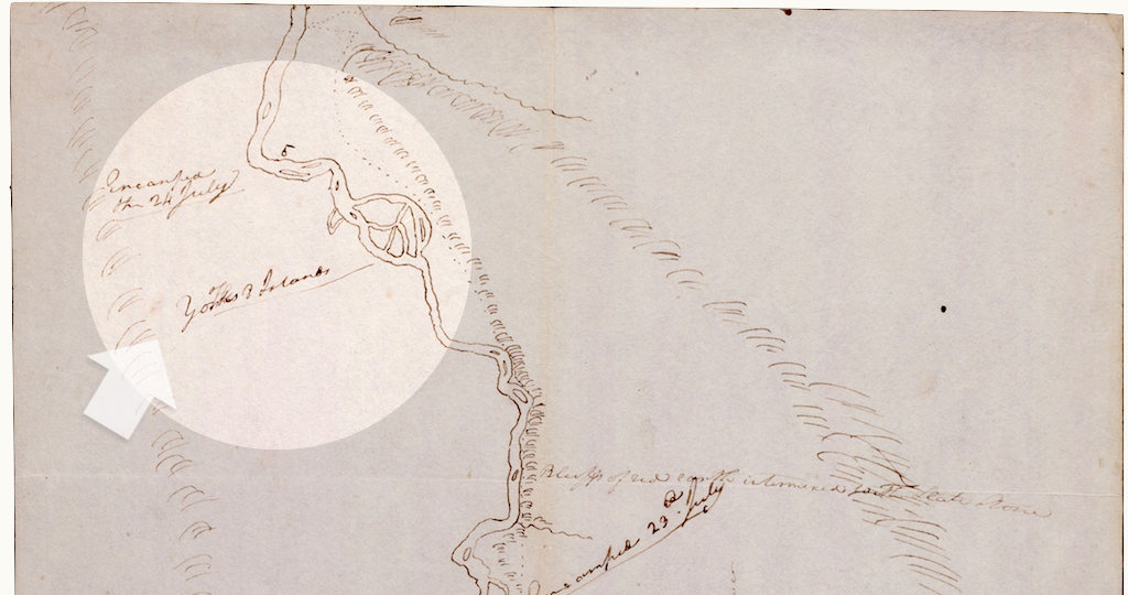 a sepia-toned manuscript shows a handdrawn river, with the label "Yorks 8 Islands" highlighted and pointing to a particular point in the river