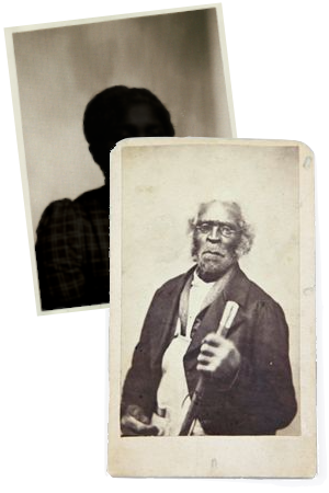 a historical photograph of Jack Garrison, holding a cane, and a silhoutted image of woman tucked behind his photo