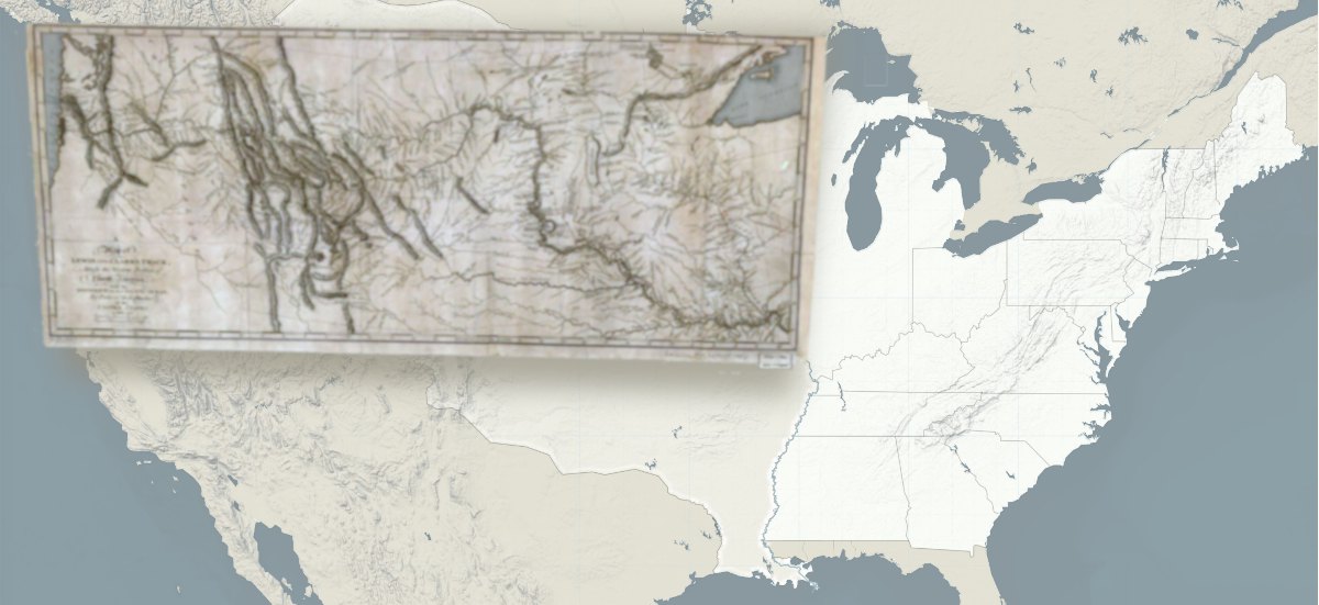 the image of an archival map overlaid atop a diagram of North America, to show what part of the continent is covered by the archival map