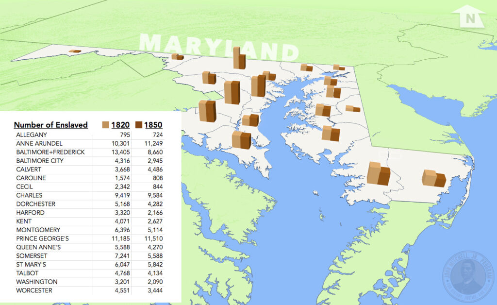 colorful map in 3D showing an overview of Maryland, with bar charts indicating the number of enslaved people in 1820 vs 1850