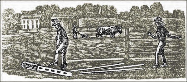 colorized image of a woodcut print, depicting three men tilling a field with a plantation house and barn in the background