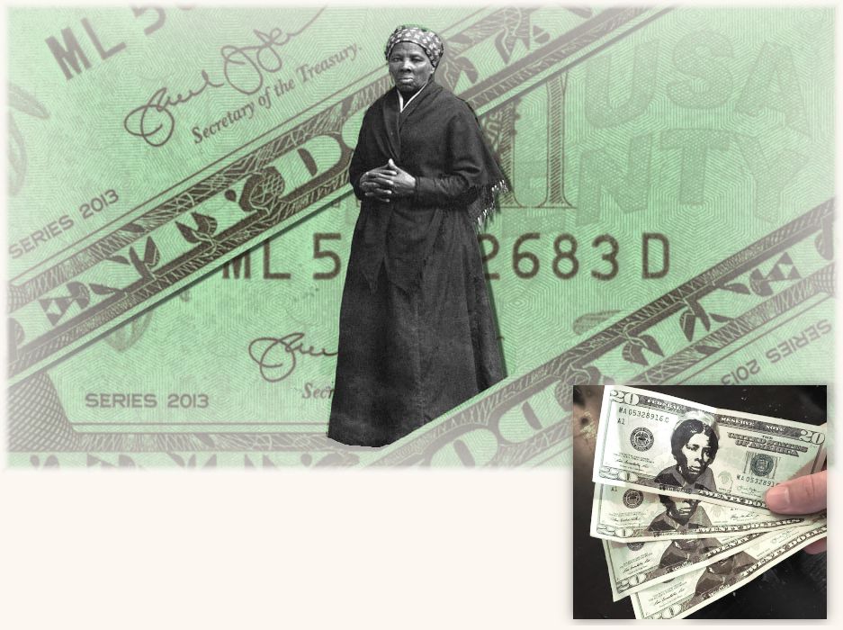 an artistic rendering of a full-length portrait of Harriet Tubman superimposed on a green background of a various 20 dollar bills