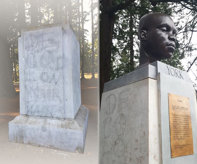 two photographs shown side-by-side. Left image is of a statue pedestal inscribed with the name 'Harvey W Scott', but there is no statue atop it. Right photo shows the same pedestal with a metal bust of a man's face, looking serenely, and inscribed with a new carved name, 'York'