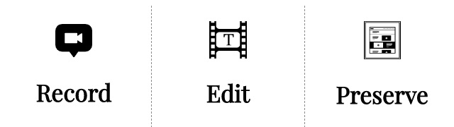 small icons for TheirStory that read: 'Record, Edit, Preserve'